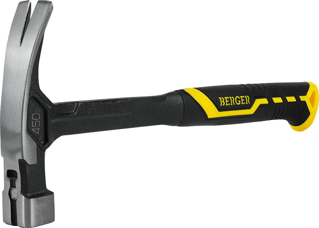 Молоток Berger Гвоздодер цельнокованый 450г BG1527 (магнит, 2-компонентная рукоятка)