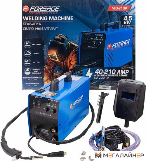 Сварочный аппарат 4.5кВт, 230В, Ø электрода 1.6-4 мм, Ø проволоки 0.6-1 мм, сварочный ток 40-210А Forsage F-MIG-210P