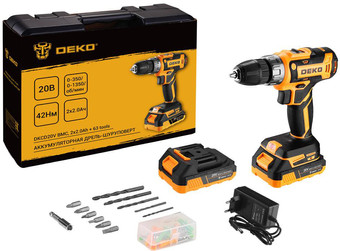 Дрель-шуруповерт Deko DKCD20V 080-1002 (с 2-мя АКБ, кейс, оснастка)