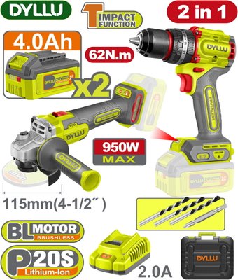 Dyllu DTCK20273 (шуруповерт, болгарка, 2 АКБ, кейс)
