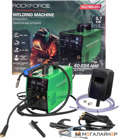 Сварочный аппарат 5.7кВт, 230В, Ø электрода 1.6-4 мм, Ø проволоки 0.6-1 мм, сварочный ток 40-224А RockForce RF-MULTIMIG-224