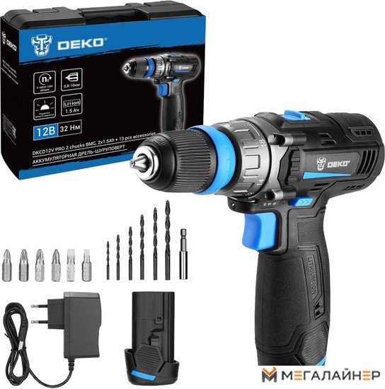 Дрель-шуруповерт Deko DKCD12V PRO 083-1004 (с 2-мя АКБ 1.5Ач, кейс)