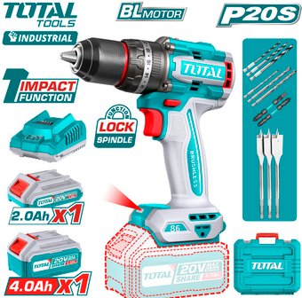 Ударная дрель-шуруповерт Total TIDLI20868 (с 2-мя АКБ, кейс)