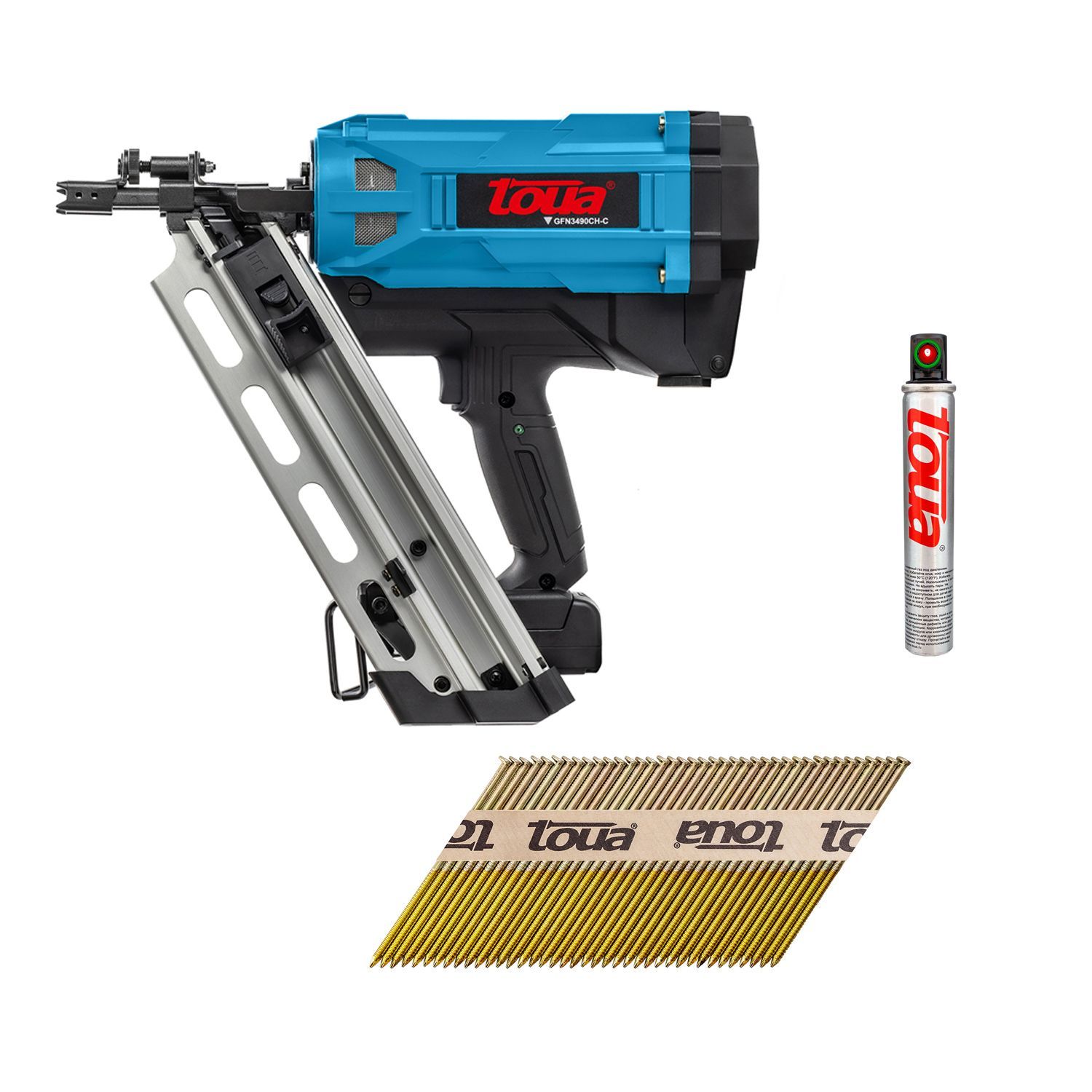 Набор по дереву №5 (Toua DCFN3490,  Toua D34 3,05х90 мм Ri EG (2000 шт.) - 3 уп., 6 газовых баллонов Toua Standart 165 мм)