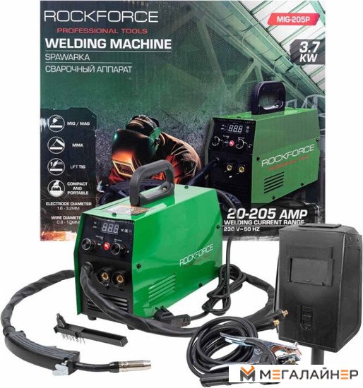 Сварочный аппарат 3.7кВт, 230В, Ø электрода 1.6-3.2 мм, Ø проволоки 0.8-1 мм, сварочный ток 20-205А RockForce RF-MIG-205P