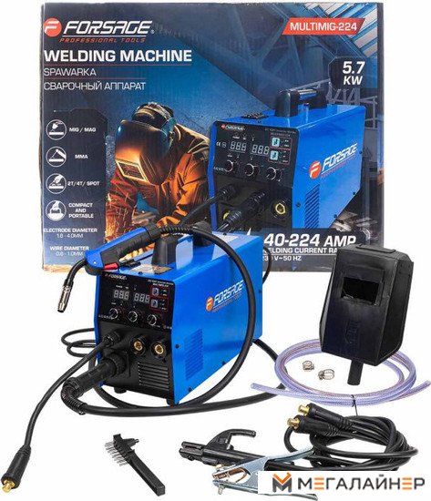 Сварочный аппарат 5.7кВт, 230В, Ø электрода 1.6-4 мм, Ø проволоки 0.6-1 мм, сварочный ток 40-224А Forsage F-MULTIMIG-224