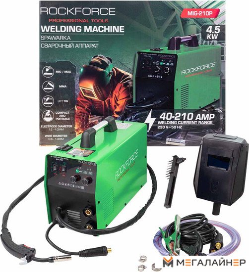 Сварочный аппарат 4.5кВт, 230В, Ø электрода 1.6-4 мм, Ø проволоки 0.6-1 мм, сварочный ток 40-210А RockForce RF-MIG-210P