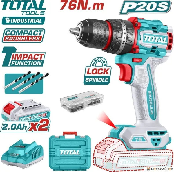 Ударная дрель-шуруповерт Total TIDLI20768 (с 2-мя АКБ, кейс) купить в Минске с доставкой