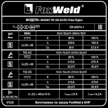 Аппарат аргонодуговой сварки Foxweld SAGGIO TIG 300 AC/DC Pulse Digital