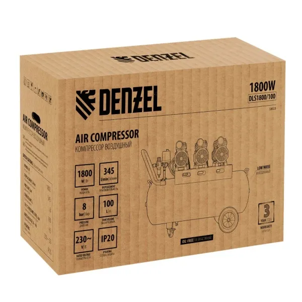 Компрессор безмасляный, малошумный DENZEL DLS 1800/100,1800 Вт, 3x600, 100 л, 345 л/мин