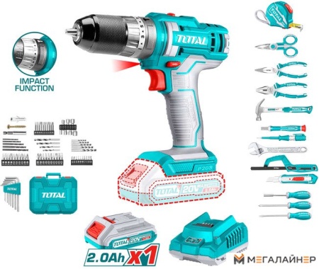 Ударная дрель-шуруповерт Total THKTHP11652 (с 1-м АКБ, кейс, набор оснастки) купить в Минске с доставкой