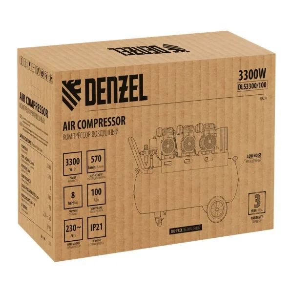 Компрессор безмасляный, малошумный DENZEL DLS 3300/100, 3300 Вт,3x1100, 100 л, 570 л/мин ,блок управления