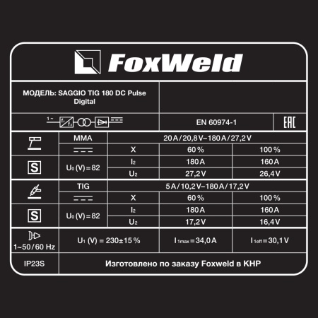 Аппарат аргонодуговой сварки Foxweld SAGGIO TIG 180 DC Pulse Digital