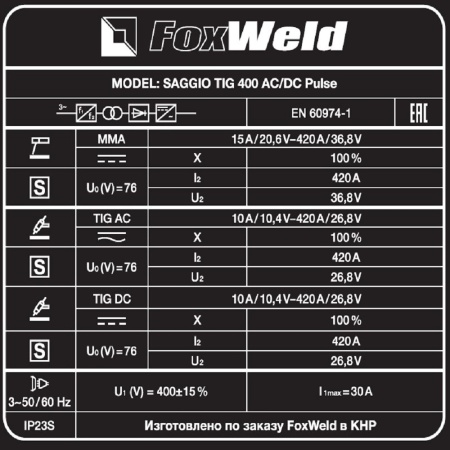 Сварочный аппарат аргонодуговой сварки FOXWELD SAGGIO TIG 400 AC/DC PULSE